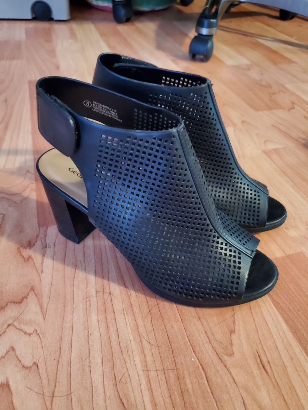 George Black Perforated Peep-Toe Block Heel Sandal